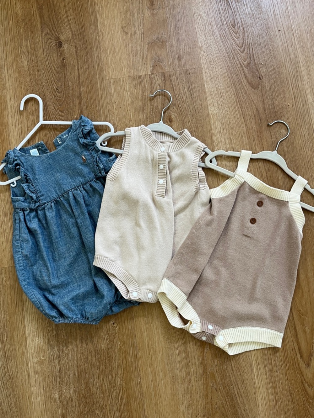 3 Baby Rompers - Denim, Cream Knit, Taupe Knit size 6-9 months